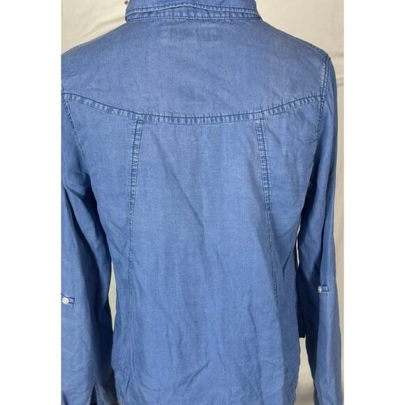 Thread & Supply L Womens Button Front Roll Table Sleeves Blue Chambray Shirt - Picture 7 of 8